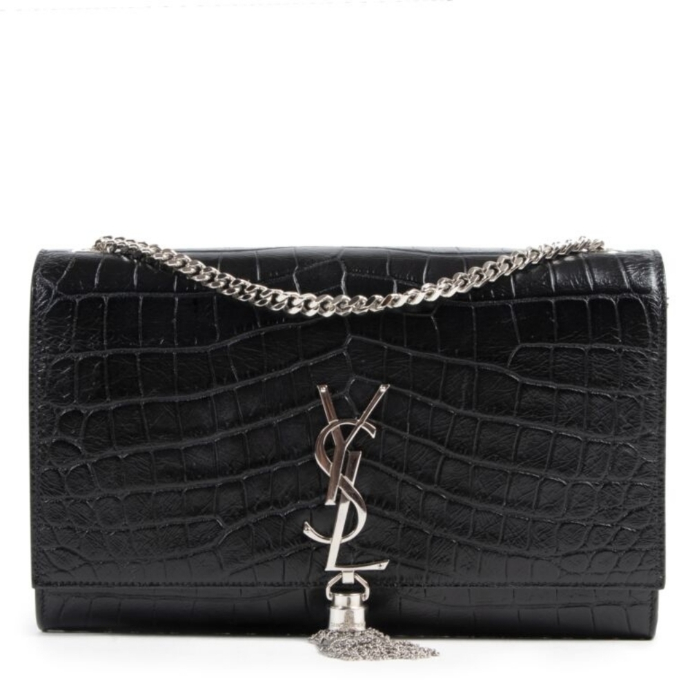 Like NEW! YSL Saint Laurent KATE MEDIUM POMPOM TASSEL Crocodile Embossed LEATHER